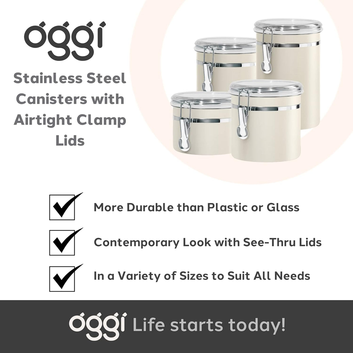 Oggi Stainless Steel Kitchen Canister 62 fl oz - Airtight Clamp Lid, Clear See-Thru Top - Ideal for Kitchen Storage, Food Storage, Pantry Storage. Large Size 5" x 7.5".
