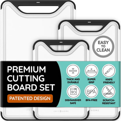 Cutting Boards for Kitchen, Plastic Cutting Board Set of 3, Dishwasher Safe Cutting Boards with Juice Grooves for Meat, Veggies, Fruits, Easy Grip Handle, Non-Slip (Black/Gray)