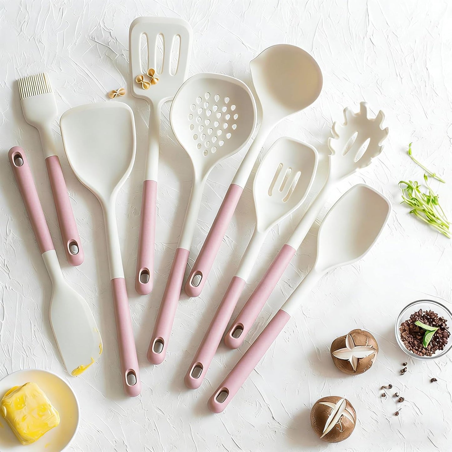 Silicone Kitchen Utensils Set, 10 Piece Silicone Cooking Utensils Set with Holder, Heat-Resistant Non Stick Cooking Tools Set with Spatula,Turner Ladle Skimmer Pasta Fork,BPA Free (Khaki)