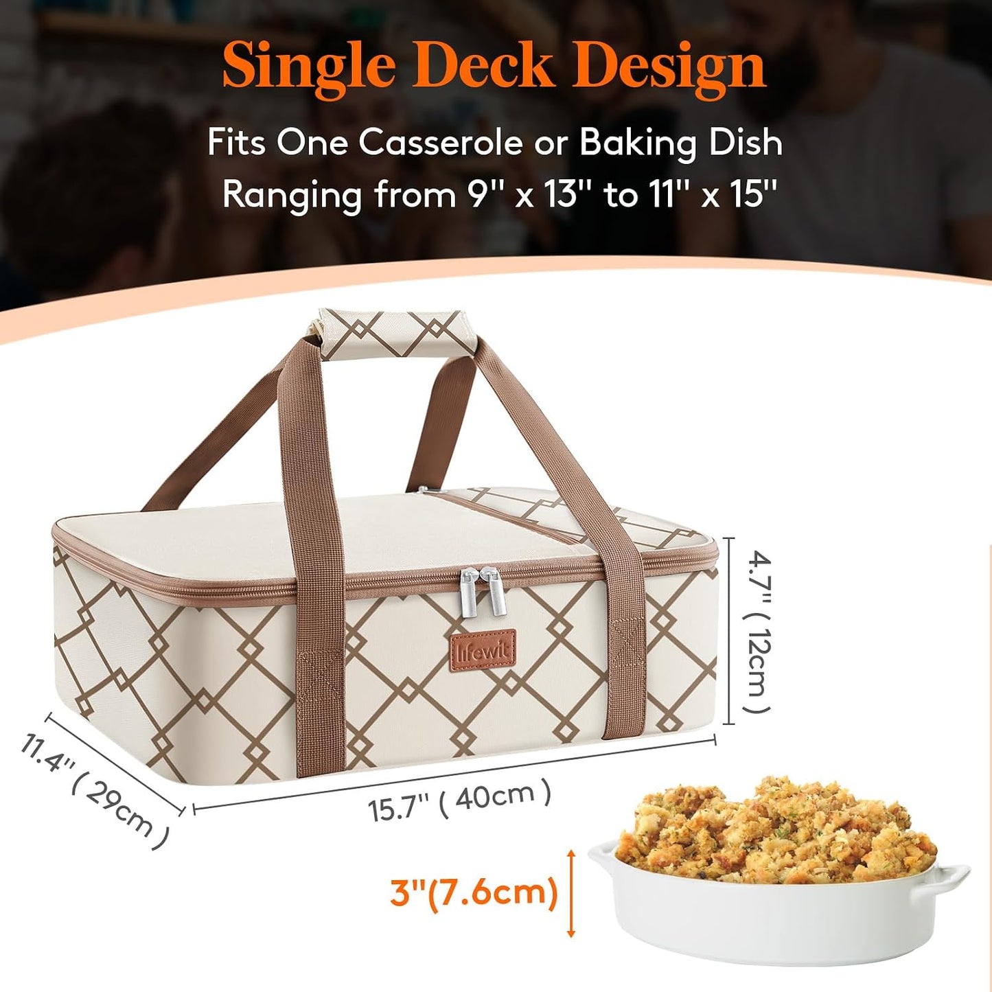 Lifewit Insulated Single Decker Casserole Carrier, Lasagna Lugger Holder for Hot or Cold Food, Fits 9" x 13" Baking Dish, Thermal Lunch Tote Bag for Potluck Parties, Picnic and Cookouts, Grey