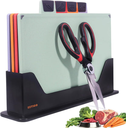 Cutting Board Set: 4-Piece Color-Coded, Non-Slip, BPA-Free, Perfect kitchen essentials for new home, Dishwasher Safe with Premium Scissors and Chopping Board Organizer, Quality kitchen stuff.
