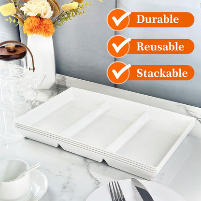 Divided Serving Tray Platter, 4 Pack 15" x 10" Fruit Veggie Food Tray for Party, Plastic Serving Trays for Appetizer, Snack, Dessert, Cookie, Brunch Decorations Platters, White Trays BPA-Free