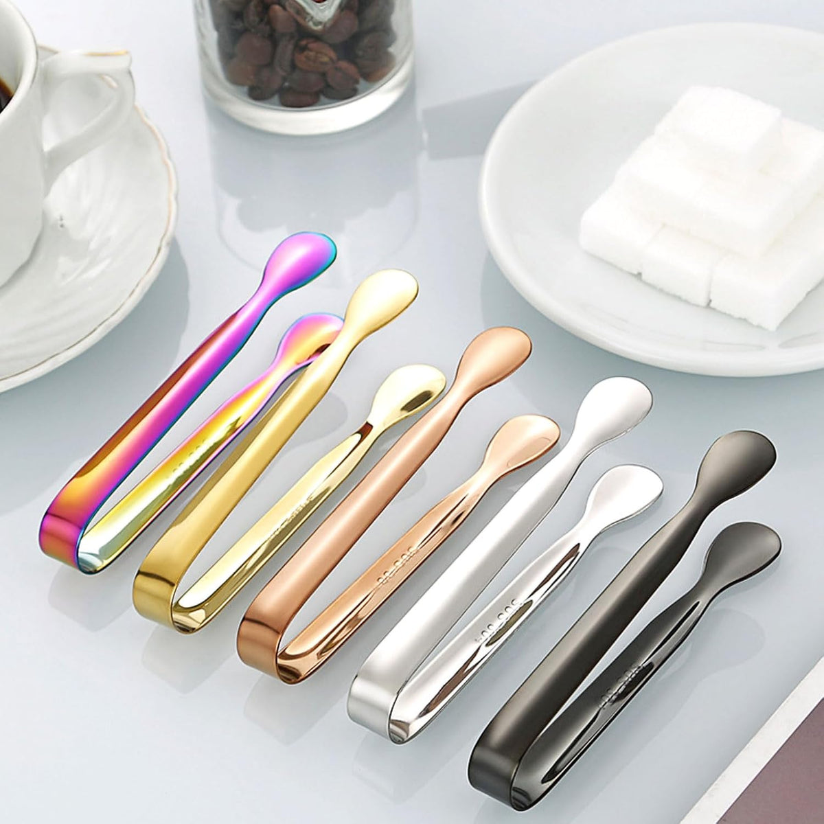 4.33 Inch Stainless Steel Ice Tongs for Ice Bucket，Metal Sugar Cube Mini Tongs，Set of 3 (Black-A)