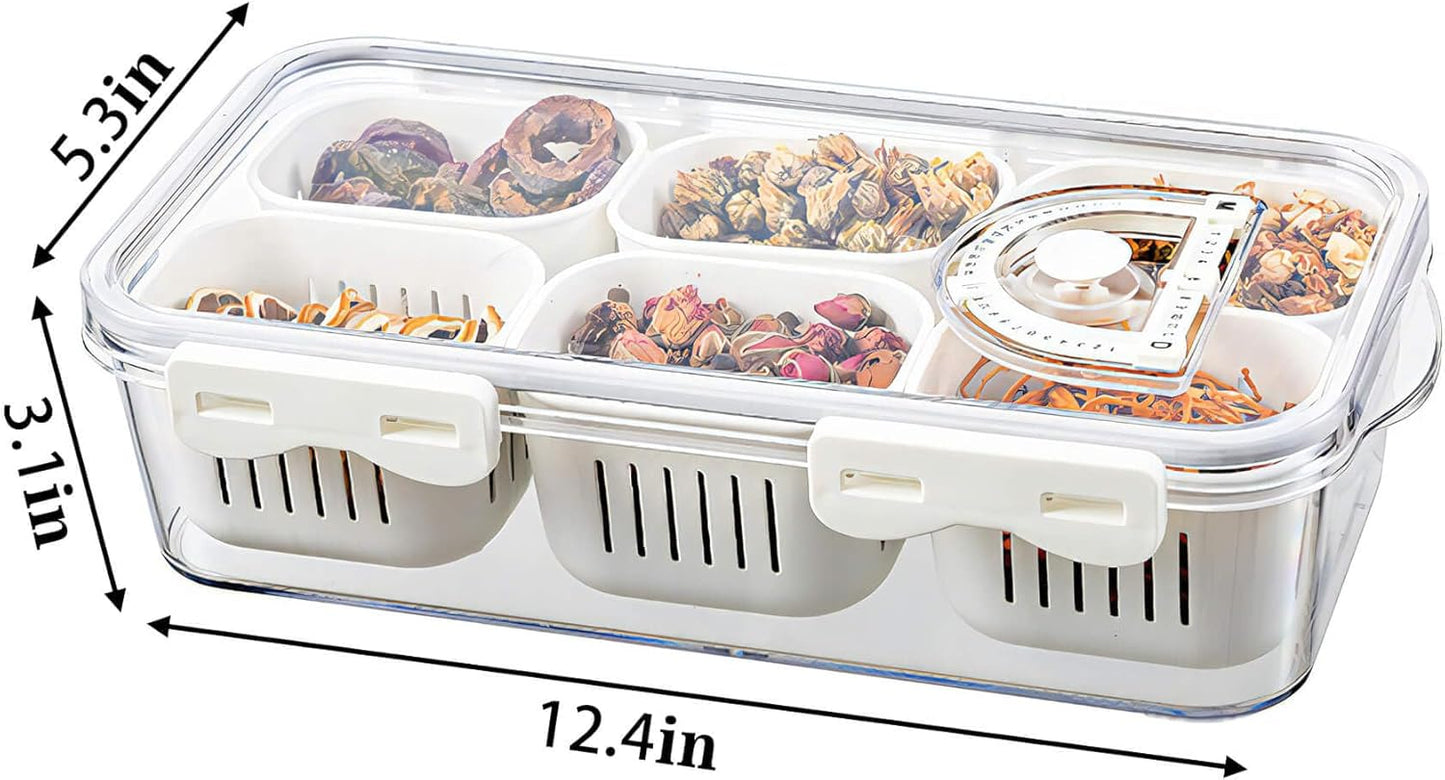 Divided Serving Tray with Lid for Veggie Charcuterie Container Portion Control Salad Keeper with 4 Removable Boxes Stackable Refrigerator Organizer Bins Food Storage Organizer Produce Saver