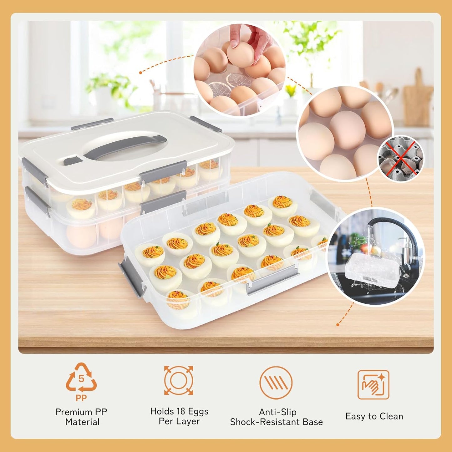 Deviled Egg Container with Lid, 54 Slots Egg Tray Carrier with Handle, Stackable Egg Tray, 12.2 x 8.4 x 6.3 inches (Green, 3 Layer)