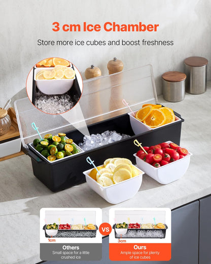 VEVOR Chilled Condiment Server Caddy, 5 Compartment Ice Cooled Serving Container, Plastic Fruit Garnish Tray Platter with Lid, for Taco Salad Bar Accessories, Party Home Restaurant Supplies