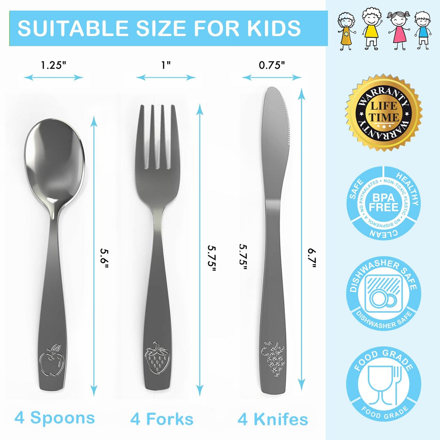12 Piece Stainless Steel Kids Silverware Set - Child and Toddler Safe Flatware - Kids Utensil Set - Metal Kids Cutlery Set Includes 4 Small Kids Spoons, 4 Forks & 4 Knives - UV Rainbow