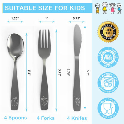12 Piece Stainless Steel Kids Silverware Set - Child and Toddler Safe Flatware - Kids Utensil Set - Metal Kids Cutlery Set Includes 4 Small Kids Spoons, 4 Forks & 4 Knives - UV Rainbow