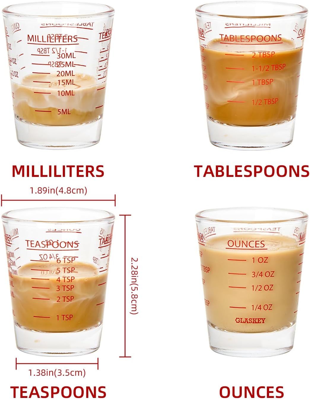 GLASKEY Shot Glasses Measuring Cup Set - 2 Pack Espresso Shot Glasses with Precise Measurement Marks,Heavy Duty Glass,Dishwasher Safe,Perfect for Coffee,Cocktails and Kitchen Use (Black & Red)