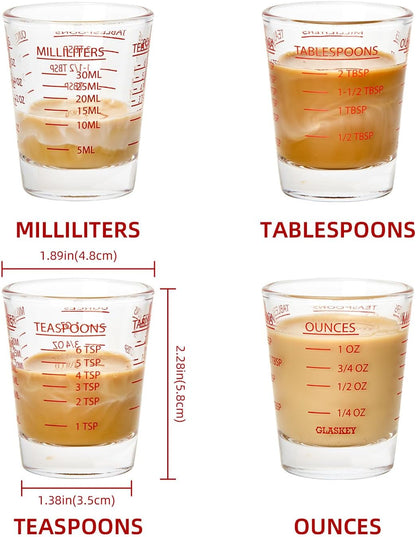 GLASKEY Shot Glasses Measuring Cup Set - 2 Pack Espresso Shot Glasses with Precise Measurement Marks,Heavy Duty Glass,Dishwasher Safe,Perfect for Coffee,Cocktails and Kitchen Use (Black & Red)