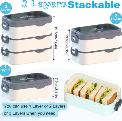 Bento Box Adult Lunch Box, Stackable 3 Layers Large Capacity Lunch Containers, Microwave and Dishwasher Safe Food Grade Containers with Utensils, Dividers and Sauce Boxes for Men, Women, Kids