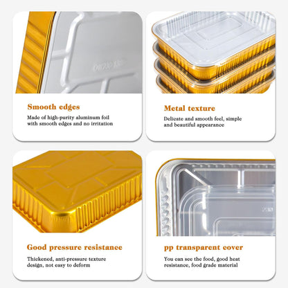 10 Pack Gold Aluminum Foil Pans with Lids, 9x7.4 Inch Disposable Reusable Oven Safe Food Containers, Freezer & BBQ Grill To-Go Pans for Baking, Meal Prep, Thanksgiving & Party
