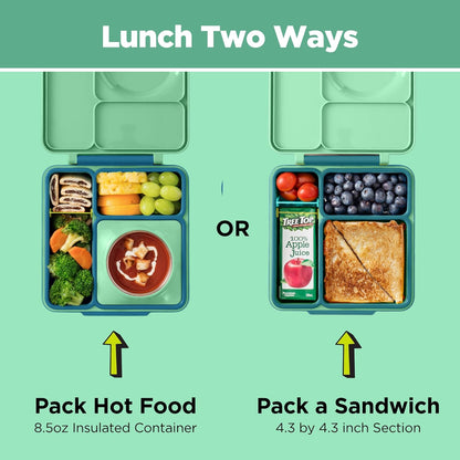 OmieBox Bento Box for Kids - Insulated Bento Lunch Box with Leak Proof Vacuum Insulated Food Jar - 3 Compartments, Two Temperature Zones (Blue Sky)