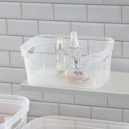 Sterilite 7 x 11 x 14.25 Inch Polished Open Scoop Front Storage Bin with Comfortable Carry Through Handles for Household Organization, Clear (6 Pack)