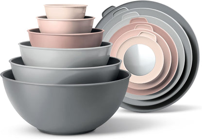 COOK WITH COLOR Mixing Bowls with Lids - 12 Piece Plastic Nesting Bowls Set includes 6 Prep Bowls and 6 Lids, Microwave Safe Mixing Bowl Set, Pink Embossed - Colors B