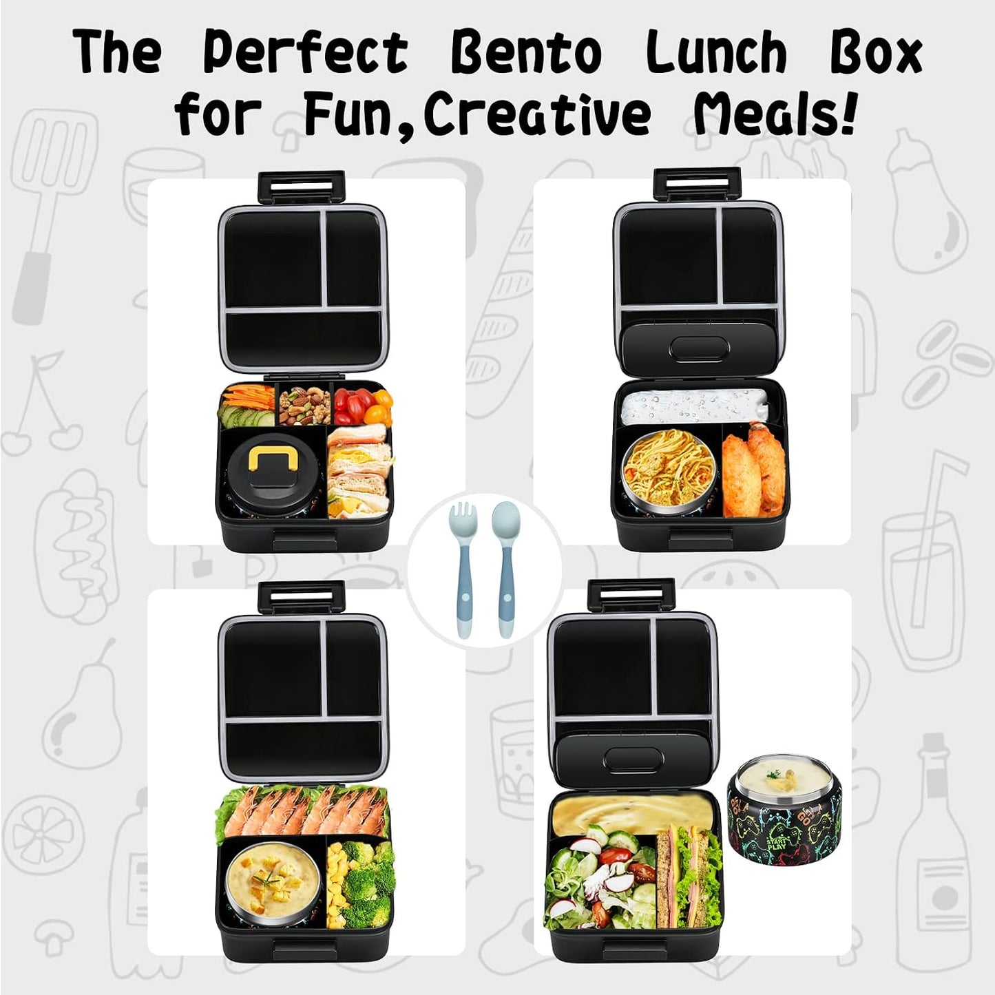 JXXM Bento Lunch Box for Kids With 8oz Soup thermo,Leak-proof Lunch Containers with 5 Compartment,thermo Food Jar and Lunch Bag, Food Containers for School (A-Blue(Extreme Locomotive))
