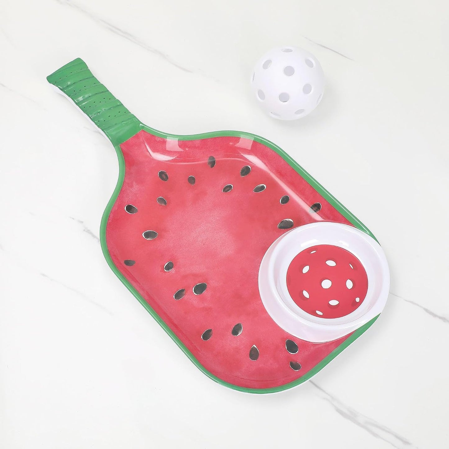 UPware Watermelon Melamine Chip and Dip Snack Tray, Summer Fruit Pickleball Paddle Shape Platter for Chips, Salsa, Fruits, and Appetizers, 15.75 x 8 Inch