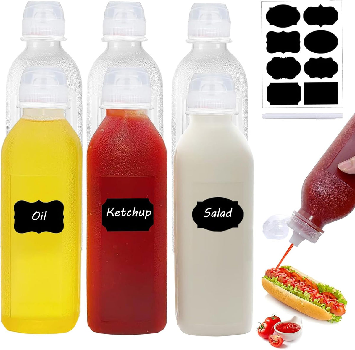 WAYDA Condiment Squeeze Bottles,6 Pack Squeeze Bottles for Sauces, Ketchup Salad Dressing Container, 17oz Plastic Bottles with Squeeze Top for Liquids, BBQ Sauce, Oil