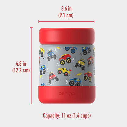 Bentgo Kids Stainless Steel Food Jar - 11oz Leak-Proof Double Insulated Hot or Cold Food Container with Removable Silicone Bumper, Dishwasher Safe, Easy Open Lid, Ages 3+ (Trucks)