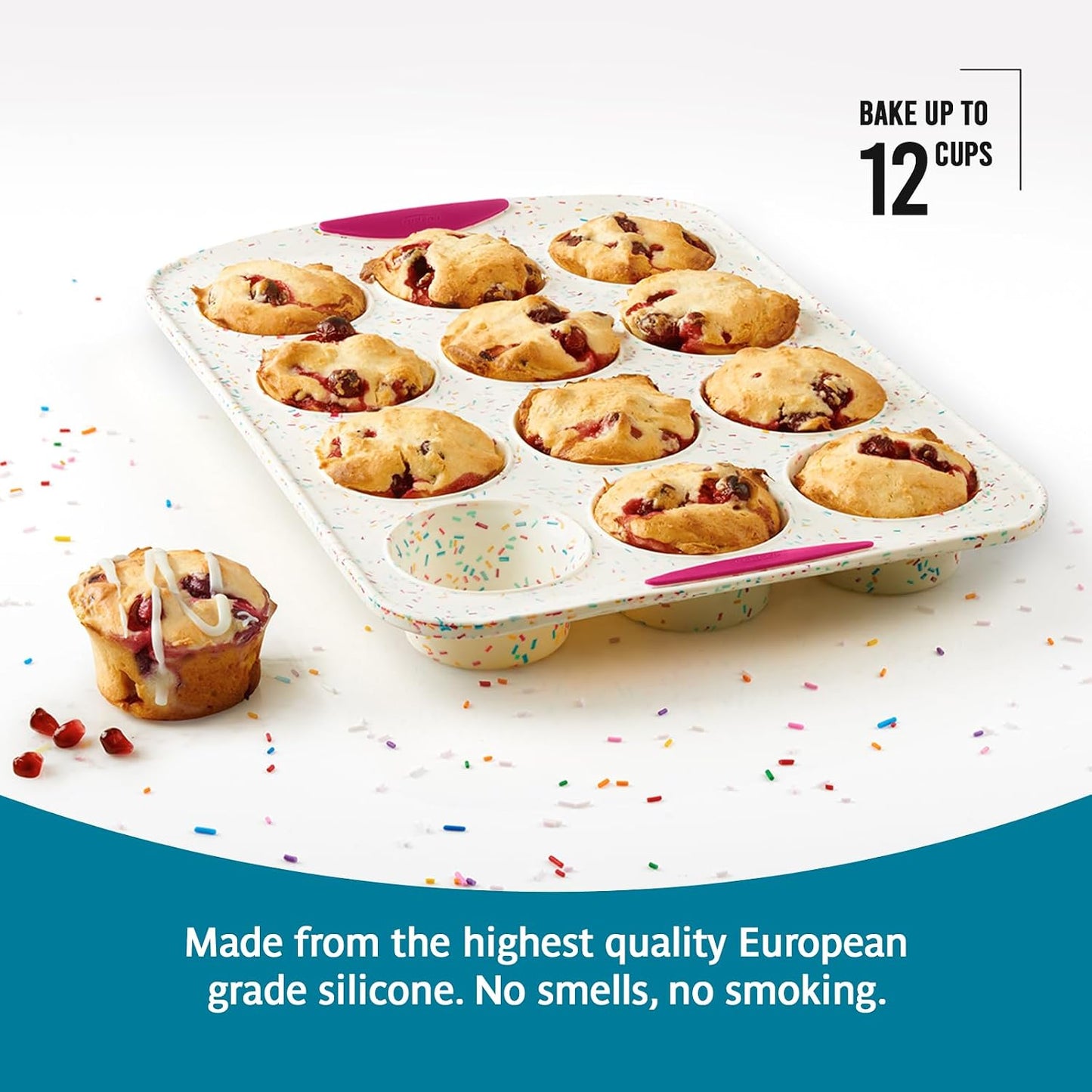 Trudeau Structure White Confetti 6-Cup Jumbo Muffin Pan – Premium Steel-Reinforced Silicone Bakeware, Nonstick BPA-Free Cupcake & Muffin Mold – Oven, Freezer & Dishwasher Safe