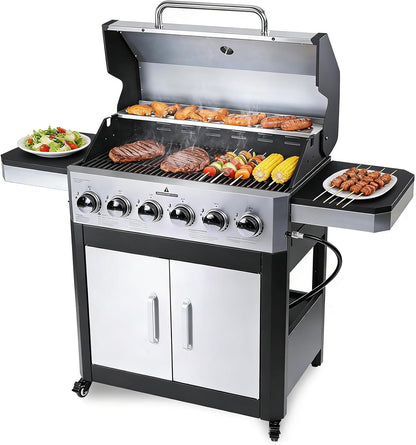 Redlife 3 Burner Propane Gas Grill, 30,000 BTU Outdoor BBQ Grill with Cast Iron Cooking Grates, Stainless Steel Warming Rack, Built-in Thermometer, Side Shelves, Removable Grease Tray, Yellow