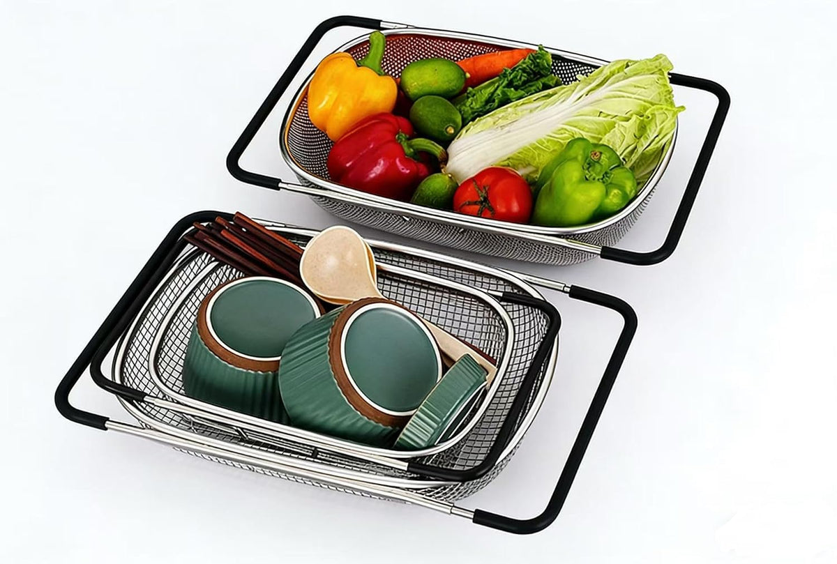 TENTA TENTA KITCHEN Premium Quality Over The Sink Stainless Steel Oval Small Colander with Fine Mesh 2.5 Quart Strainer Basket & Expandable Rubber Grip Handles-Strain,Drain,Rinse Fruits,Vegetables