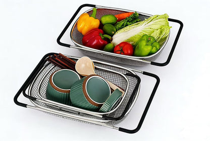 TENTA TENTA KITCHEN Premium Quality Over The Sink Stainless Steel Oval Small Colander with Fine Mesh 2.5 Quart Strainer Basket & Expandable Rubber Grip Handles-Strain,Drain,Rinse Fruits,Vegetables