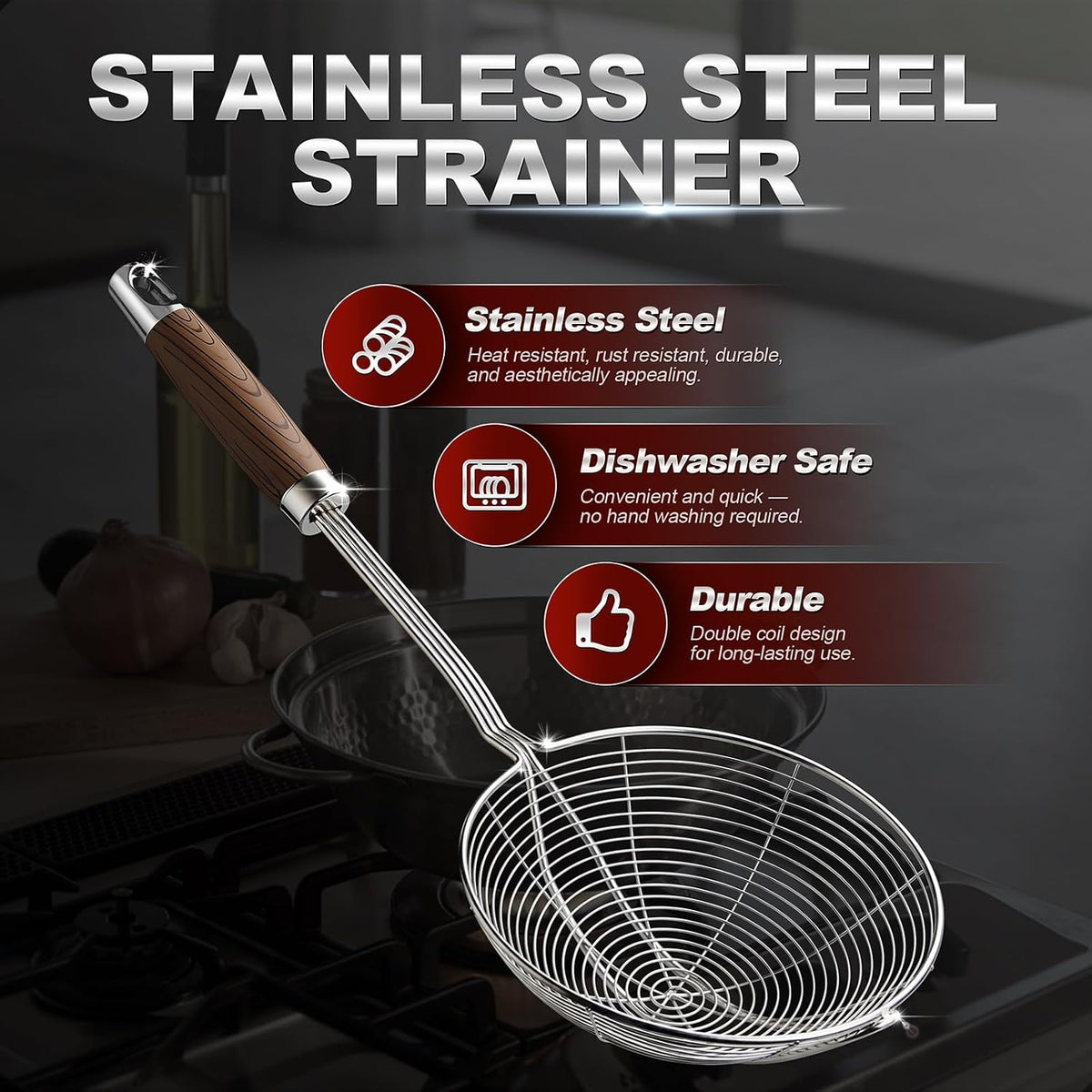 IQCWOOD Spider Strainer with Wood Handle - 5.5 Inch Fryer Scoop