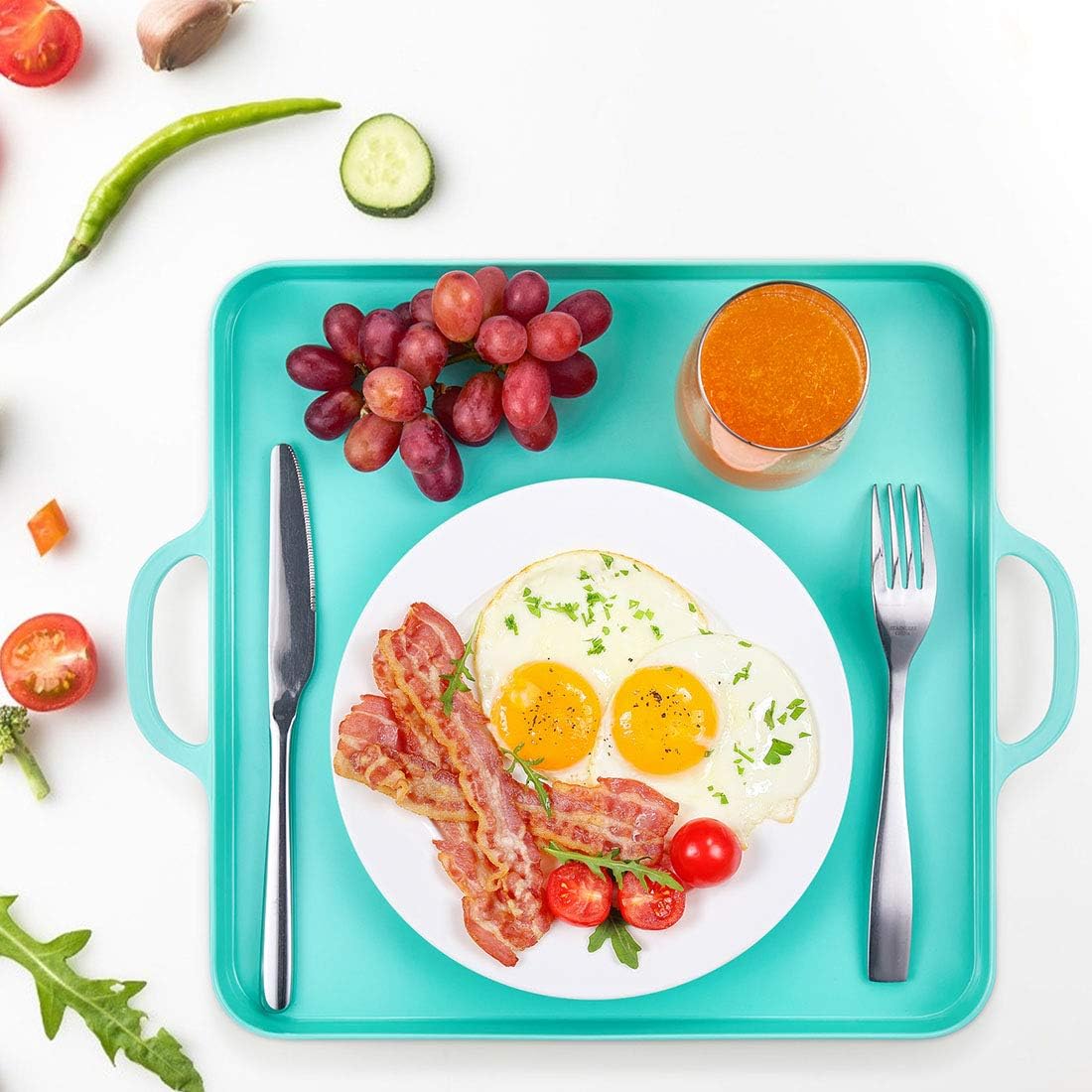 i BKGOO Foodservice Red Plastic Tray with Handle Set of 2 Large Melamine Cube Serving Platters for Parties, Table, Kitchen Size(12.5"x12.5"x1")