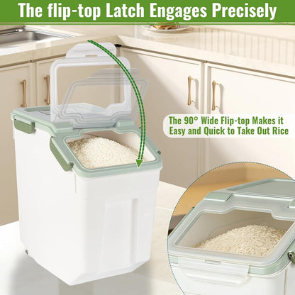 2 Pack Rice Container 50 lbs Large Bulk Flour Sugar Storage Holdhouse Plastic Grain Cereal Dry Goods Bin with Spoon and Measuring Cup for Kitchen Pantry Organization - Green