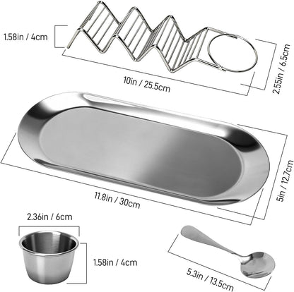 Taco Holders Set of 2 - Stainless Steel Taco Stand Rack with Tray, Sauce Cups & Spoon, for Party, Dishwasher Safety