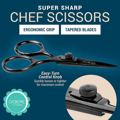 O'Creme Set of Culinary Tweezer Tongs Offset, Straight and Curved, Plus Super Sharp Chef Scissors, Total 6 Pieces (Rose Gold)