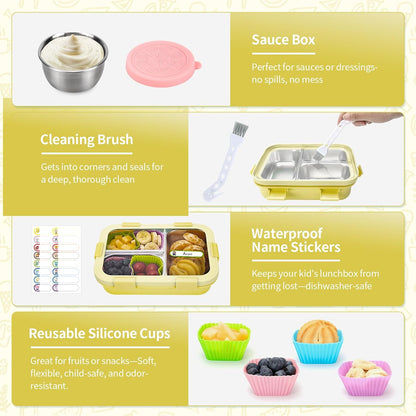 Kids Stainless Steel Bento Box, 3 Compartments Leakproof Lunch Box, Portable Food Storage Containers with Silicone Lids BPA-Free for Office, Picnics, Travel, Blue