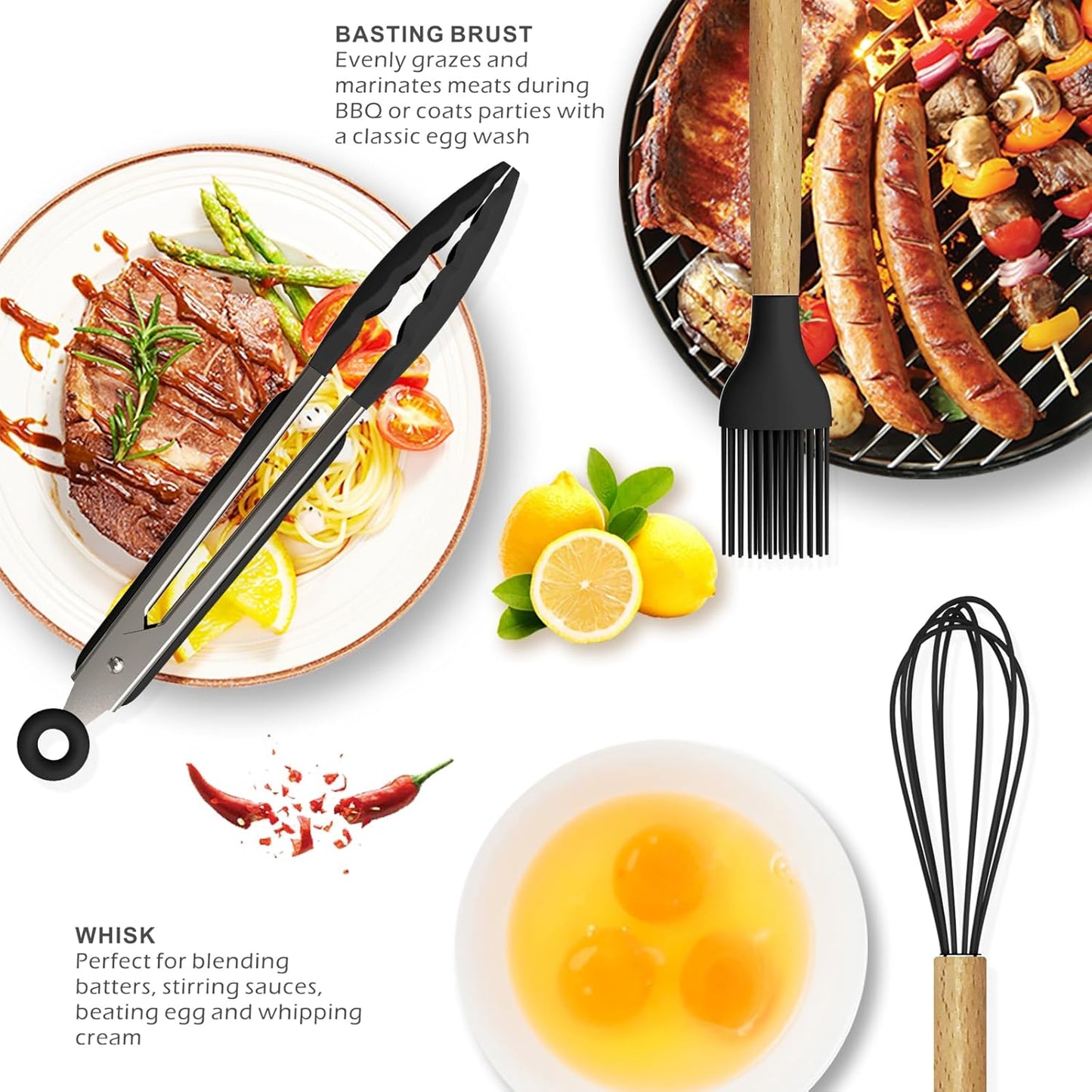 oannao Silicone Cooking Utensils Set - 446°F Heat Resistant Silicone Kitchen Utensils for Cooking,Kitchen Utensil Spatula Set w Wooden Handles, BPA FREE Gadgets for Non-Stick Cookware (Khaki)