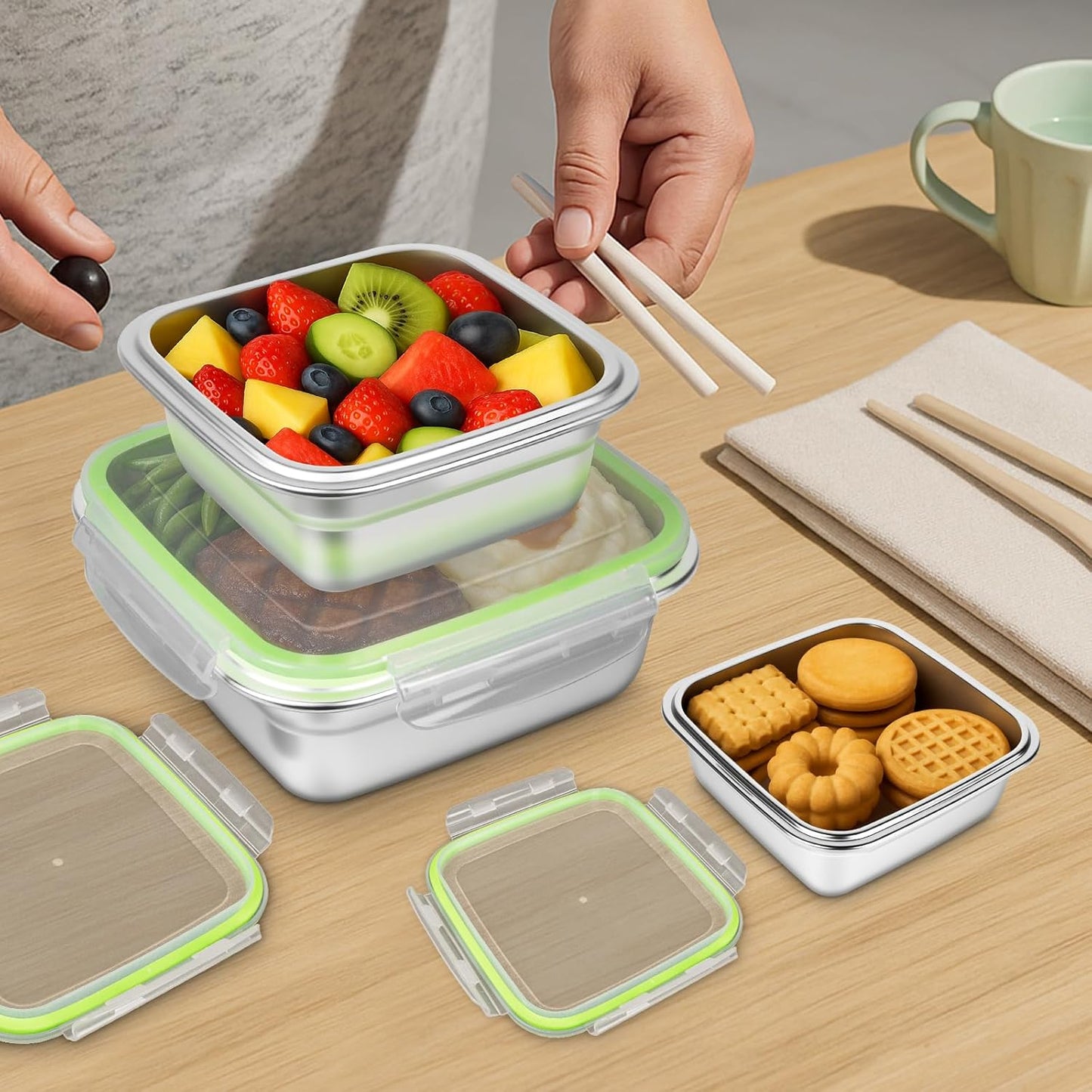 3 Pack Stainless Steel Sandwich Containers with Leak-Proof Lids, BPA-Free Airtight Metal Food Storage Boxes for Lunch, Snacks, Meal Prep – Reusable, Stackable, Dishwasher & Freezer Safe(Green)