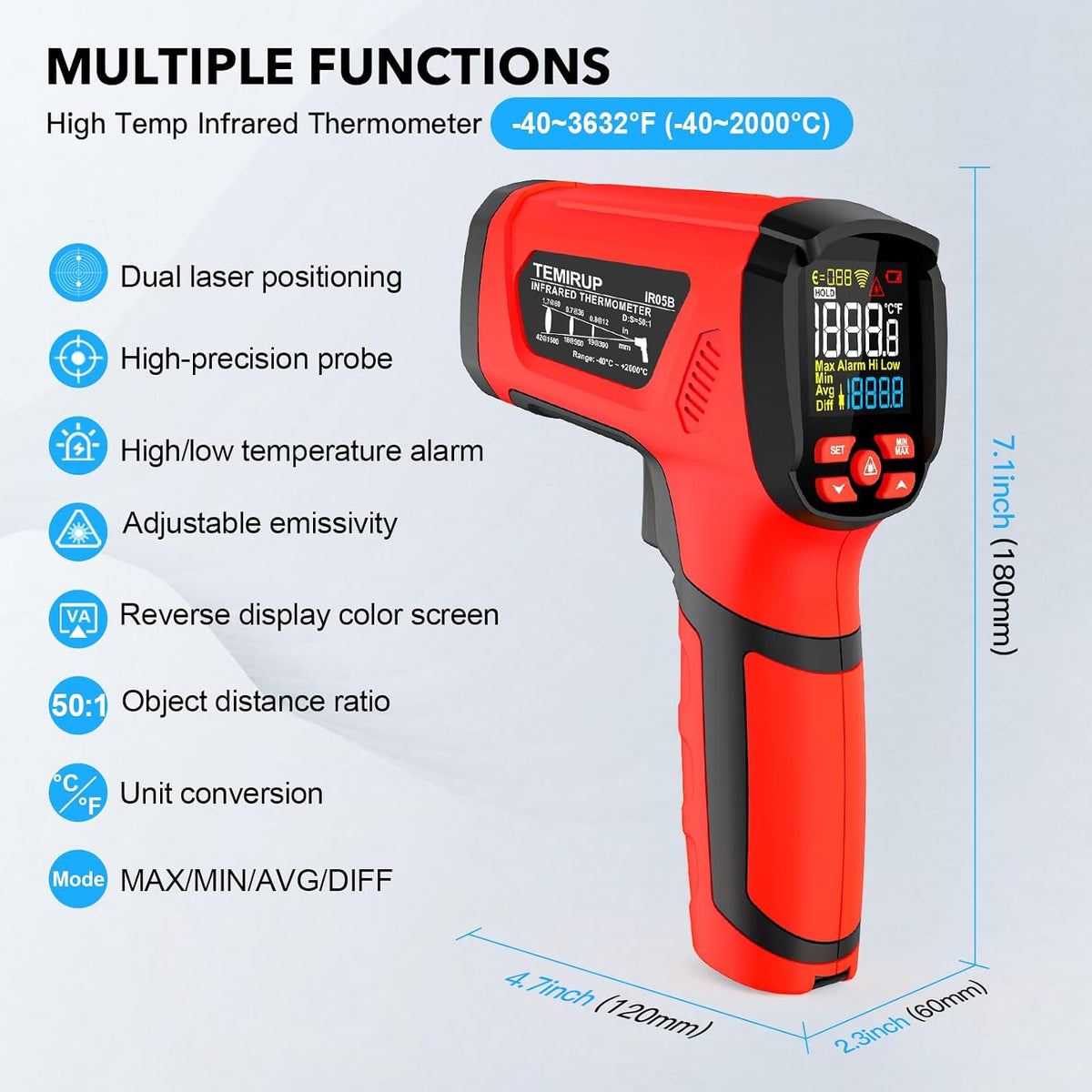 Infrared Thermometer Gun, Non Contact Digital Laser Thermometer Temperature Gun with Color LCD for Cooking, Home Repairs, Humidity Measurement, Adjustable Emissivity -58°F to 1472°F(-50~800°C)