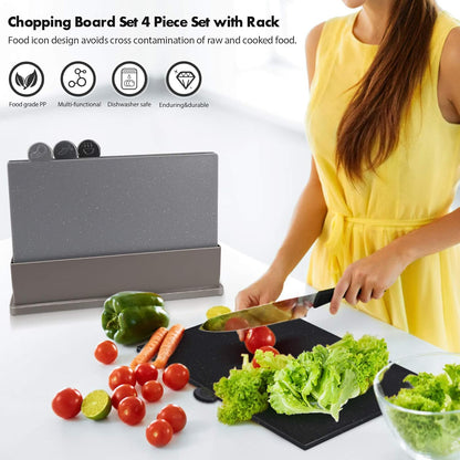 MASTERTOP Cutting Board Set for Kitchen - Index Plastic Chopping Board Set of 4, BPA Free, No Slip, Dishwasher Safe, Thicker Cutting Boards With Draining Rack Organizer