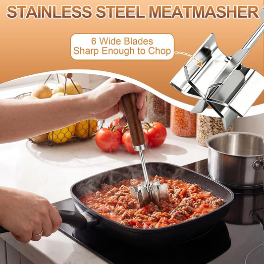 Stainless Steel Meat Chopper, 6 Curve Blades Beef Masher with Wooden Handle