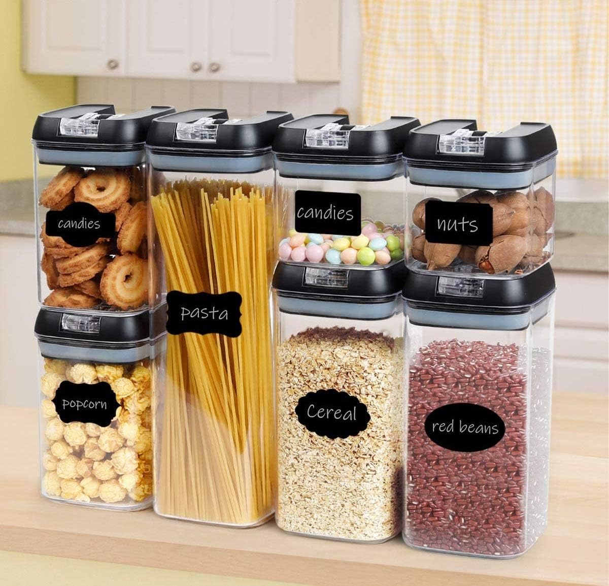 Set of 7 Airtight Food Storage Containers - Pantry Organizer Bins, BPA Free Plastic Containers plus Dry Erase Marker and Labels, White