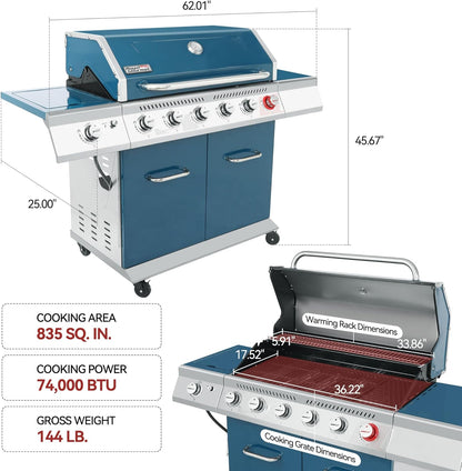 Royal Gourmet GA6402S 6-Burner Propane Gas Grill with Side Burner and Warming Rack, 74,000 BTUs, Cabinet Style Outdoor BBQ Grill for Barbecue Grilling & Backyard Cooking, Silver