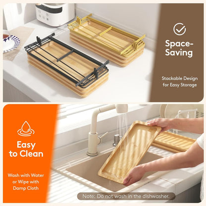 Lifewit 3 Tier Bamboo Serving Tray for Party Supplies, 30 x 17 cm/12" x 6.5" Platters for Serving Food, Reusable Trays with Gold Metal Display Stand for Veggie, Fruit, Cookies, Dessert