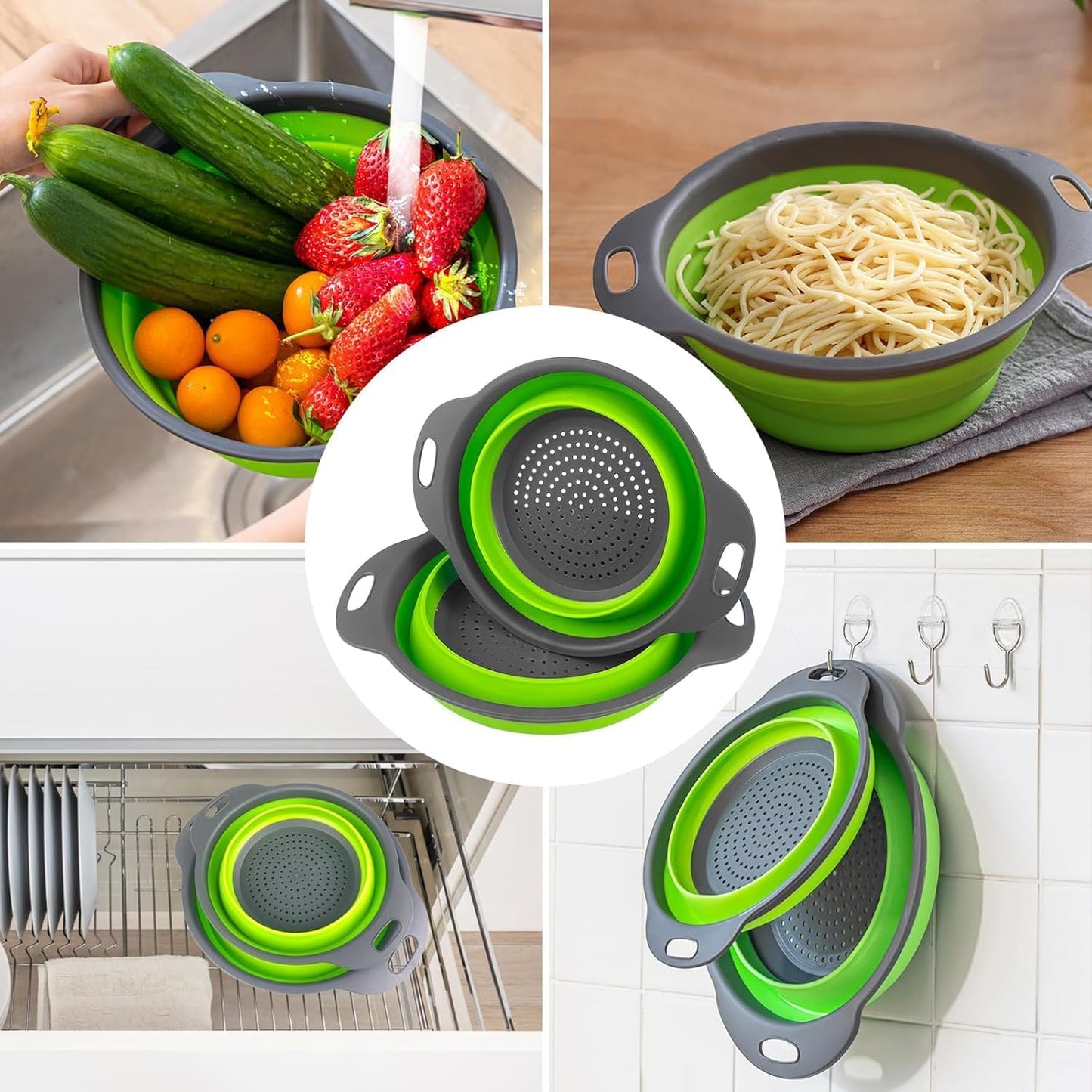 Collapsible Colander Set of 3 Square Silicone Kitchen Strainer Set 1 pcs 9.6 Quart, 1 pcs 6 Quart,1 pcs 4 Quart Perfect for Draining Pasta, Vegetable and fruit for Kitchen and Travel Use