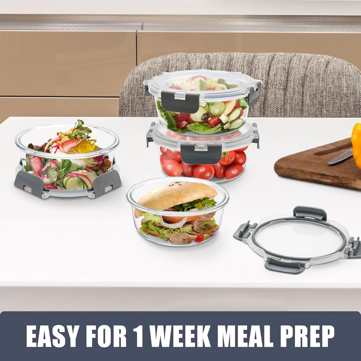 6Pack 22oz Glass Meal Prep Containers, Glass Food Storage Containers Sets with Snap Leak Proof Lids for Microwave, Oven, Freezer and Dishwasher Safe (Grey, 22oz)