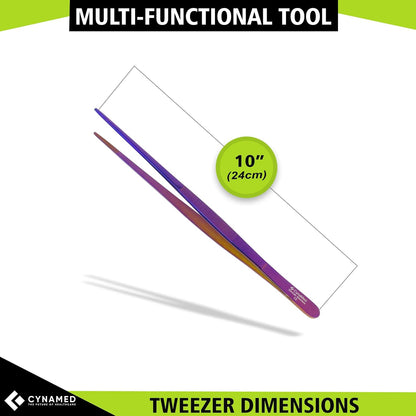 Cynamed 10” Kitchen Premium Tongs Tweezers Stainless Steel, Long with Precision Serrated Tips (Blue, Bayonet)