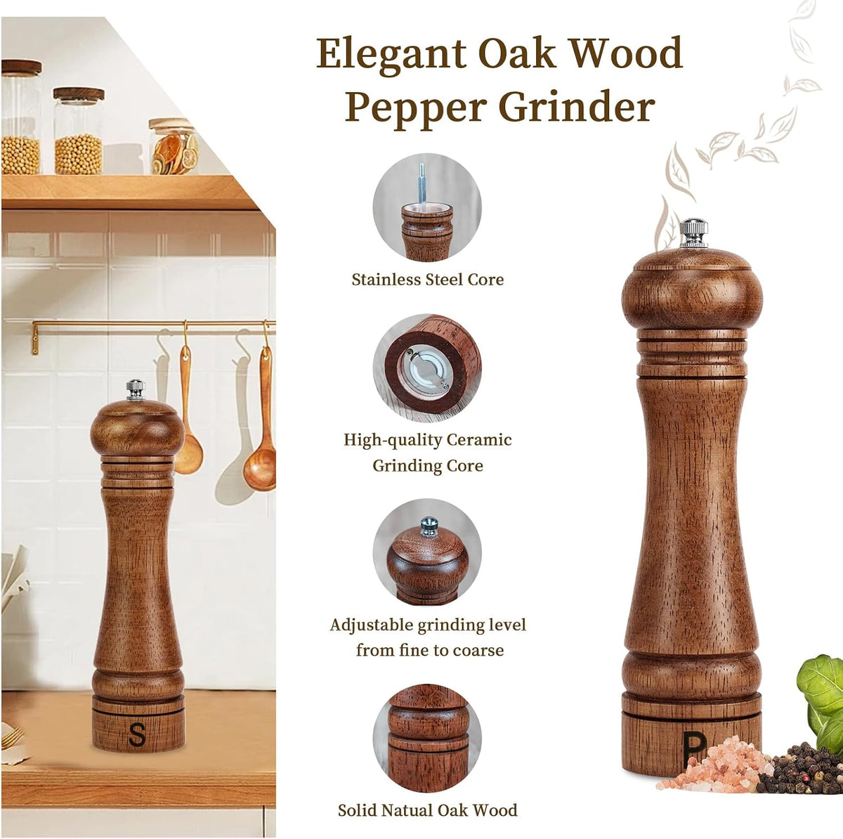 Haomacro Wooden Salt and Pepper Grinder Set Refillable Salt & Pepper Mills
