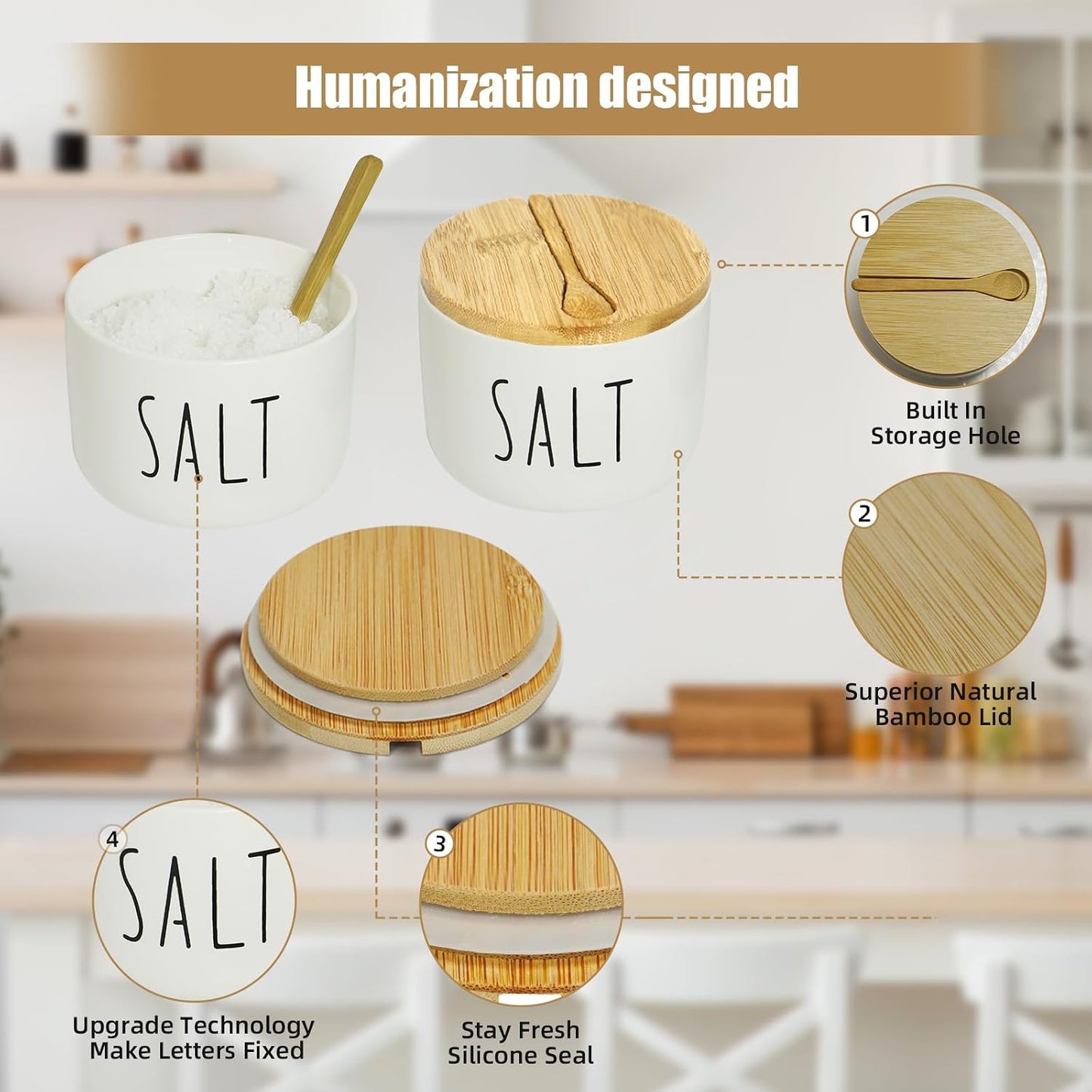 Farmhouse Salt And Pepper Containers,Salt Containers For Countertop,Stacked Ceramic Cellar With Bamboo Lid, Spice Box With Spoon,Seasoning Holder with lid,Ceramic Bowls (B&W H)