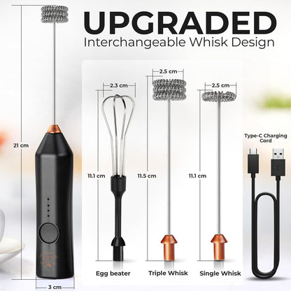 Zulay Kitchen Rechargeable Milk Frother Handheld - Frother Wand, Drink Mixer, Electric Whisk Frother, for Cappuccinos, Matcha & Protein Powder - Dynamic 3 Whisk, 3 Speed 500mAh Black - Colors C