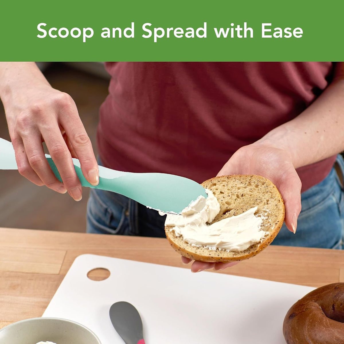Tovolo Mini Scoop & Spread Tool for Kitchen Meal Prep Small Sandwich Spreader Spatula for Peanut Butter Jelly, Silicone BPA Free Dishwasher Safe Scooper Spreader, Aqua Seafoam Green