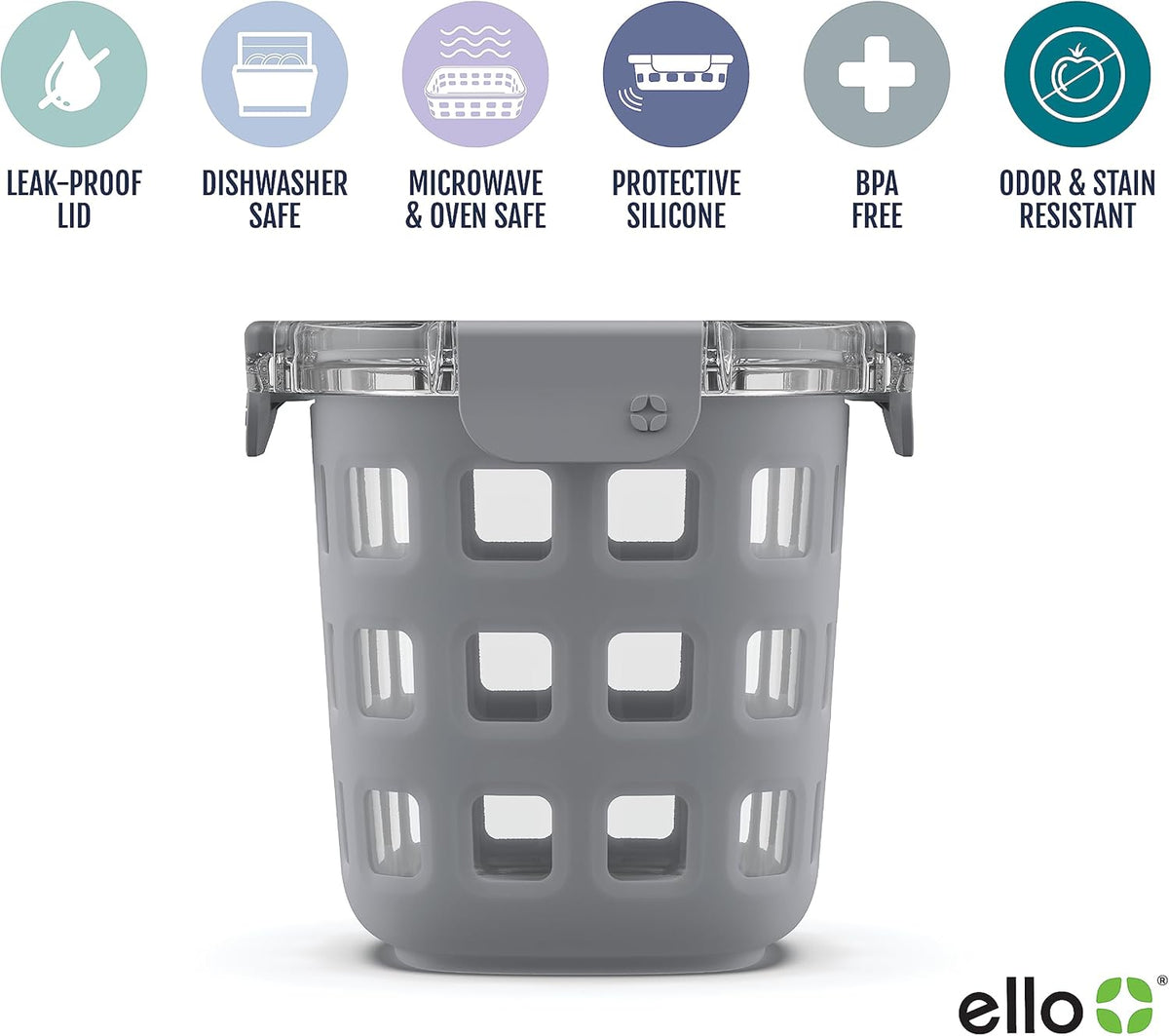 Ello DuraGlass Rounds Glass Food Storage Containers - Meal Prep Bowls with Silicone Sleeve and Airtight Lids, 3 Cup, Gray