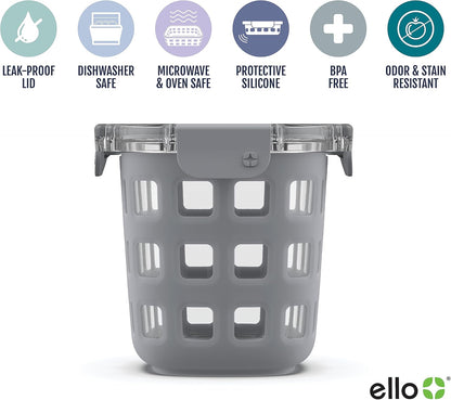 Ello DuraGlass Rounds Glass Food Storage Containers - Meal Prep Bowls with Silicone Sleeve and Airtight Lids, 3 Cup, Gray